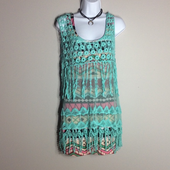 🎀 4PC BOHO CHIC TEAL MINI DRESS FRINGE TRIBAL BELT NECKLACE BOHEMIAN BUNDLE SET - Picture 5 of 8